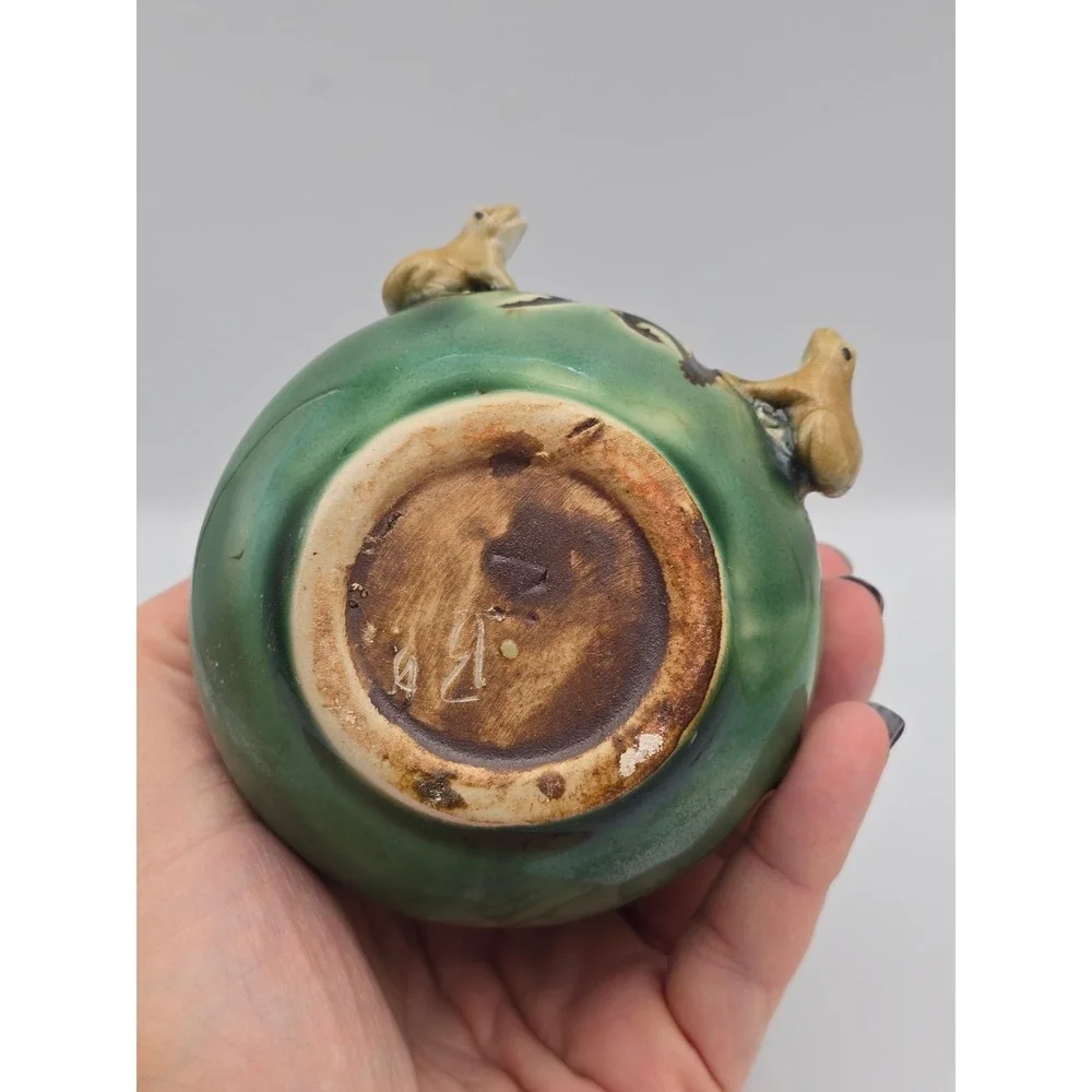 Ceramic Frog Money Bag Planter Pot‎ Green Chinese Symbols cute shelf sitter gift